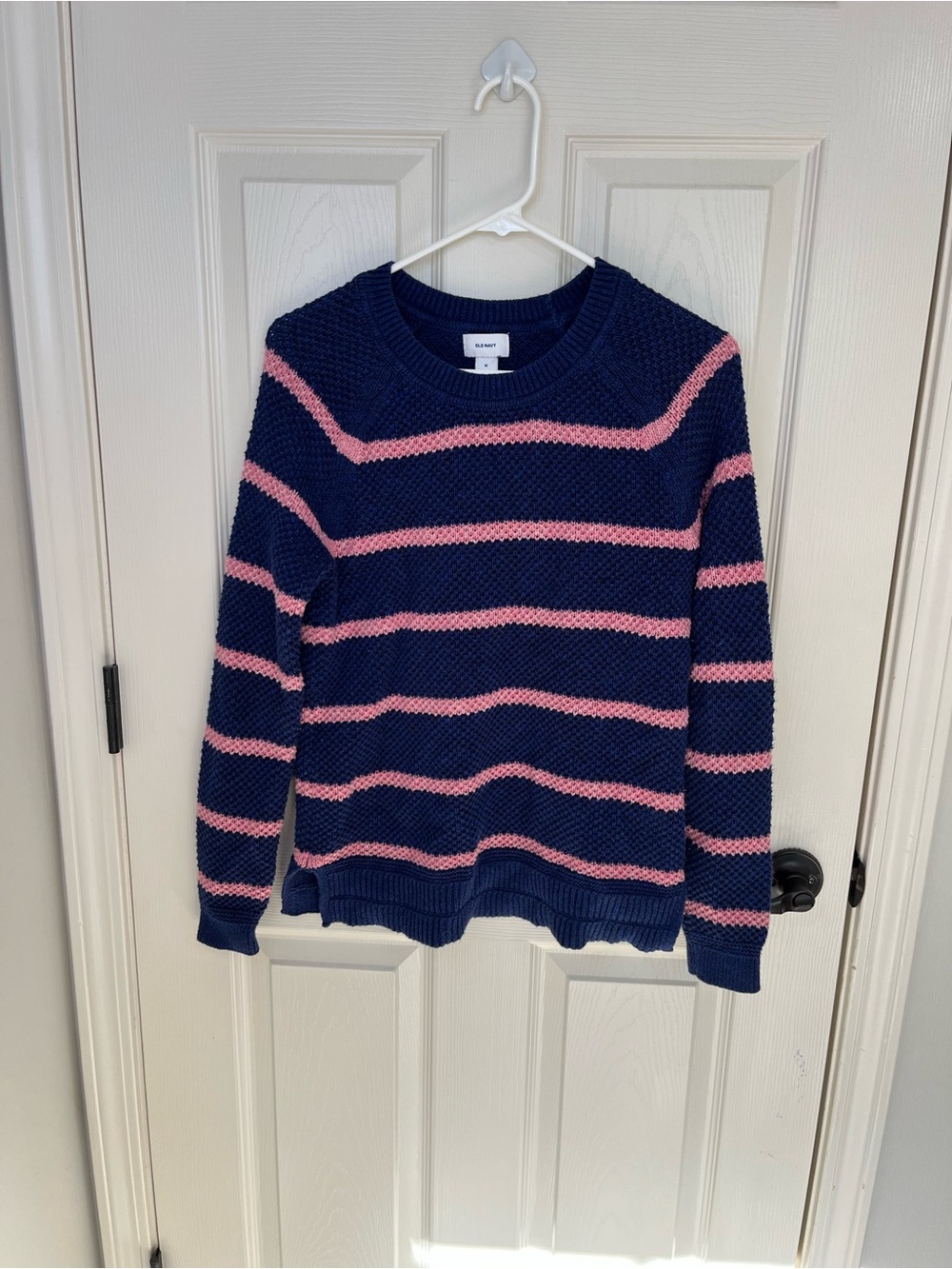 Old Navy Navy and Pink Striped Crewneck Sweater